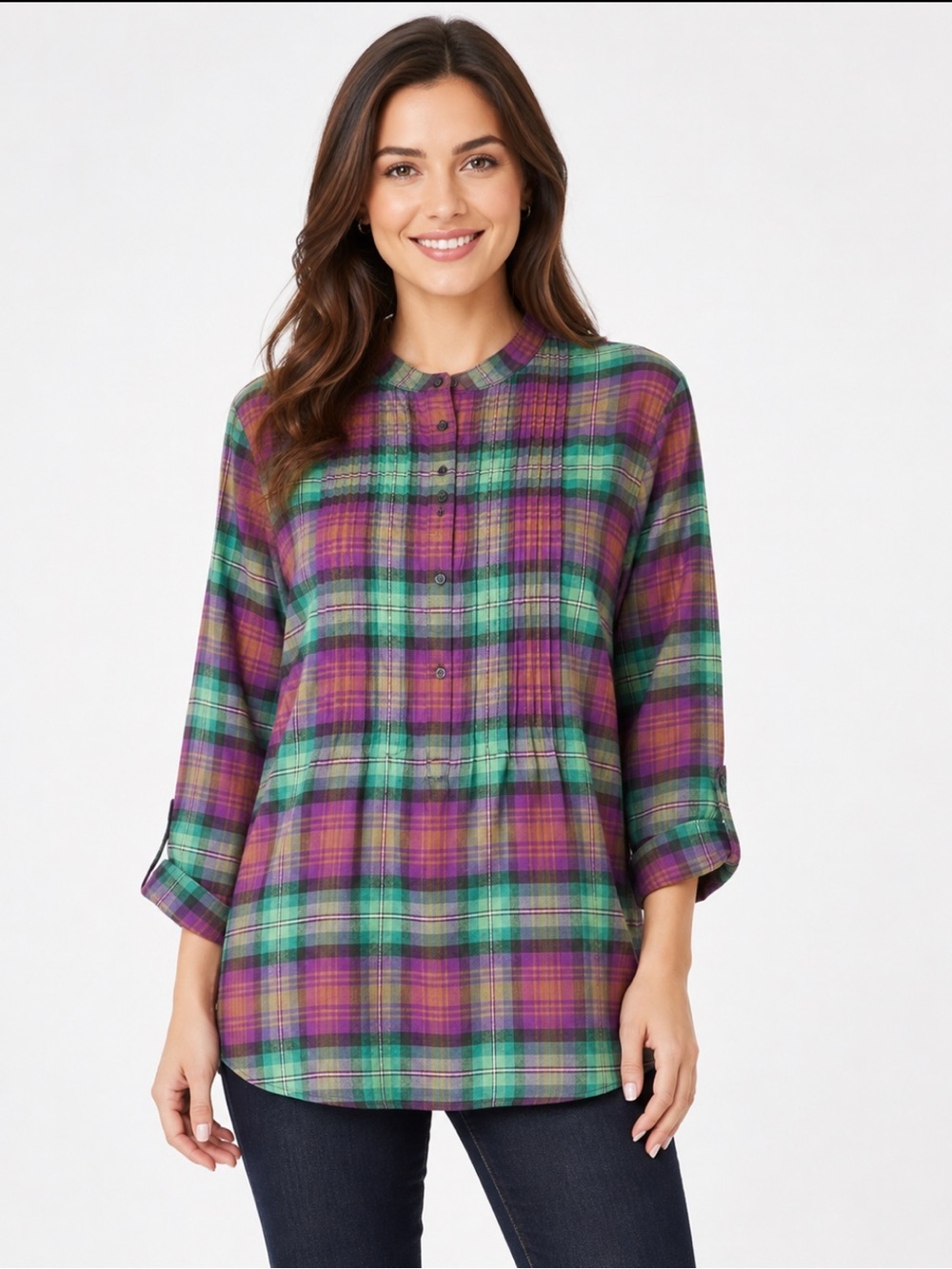 LANDSEND Women’s 100% Cotton Flannel Pintuck Roll Sleeve Banded Collar Tunic Top